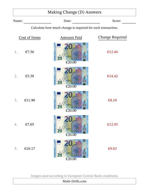 The Making Change from Twenty Euro Banknotes (D) Math Worksheet Page 2