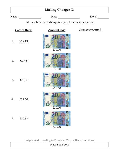 The Making Change from Twenty Euro Banknotes (E) Math Worksheet