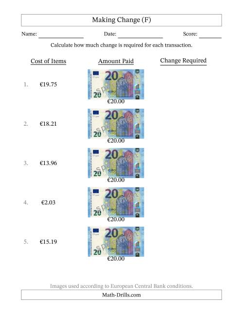 The Making Change from Twenty Euro Banknotes (F) Math Worksheet