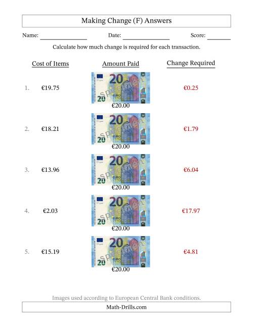 The Making Change from Twenty Euro Banknotes (F) Math Worksheet Page 2