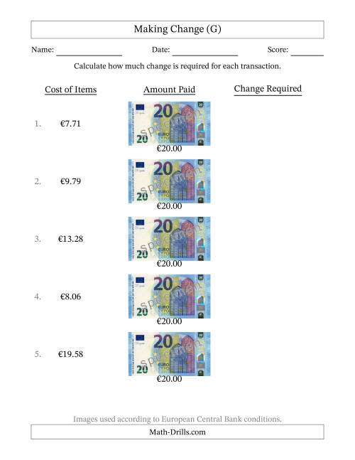 The Making Change from Twenty Euro Banknotes (G) Math Worksheet