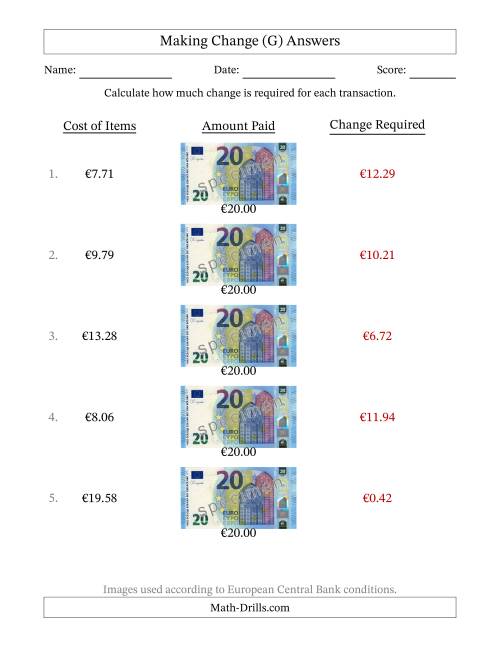 The Making Change from Twenty Euro Banknotes (G) Math Worksheet Page 2