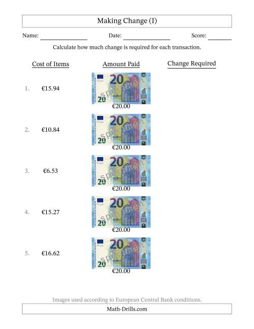 The Making Change from Twenty Euro Banknotes (I) Math Worksheet