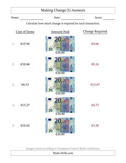 The Making Change from Twenty Euro Banknotes (I) Math Worksheet Page 2