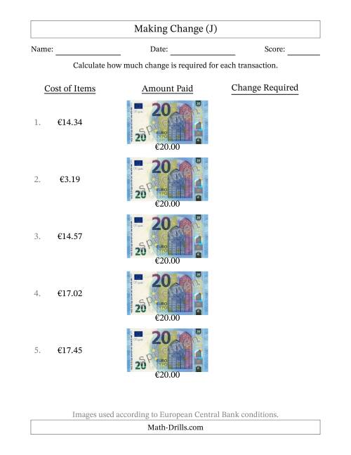 The Making Change from Twenty Euro Banknotes (J) Math Worksheet