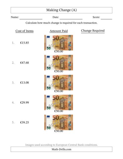 The Making Change from Fifty Euro Banknotes (A) Math Worksheet