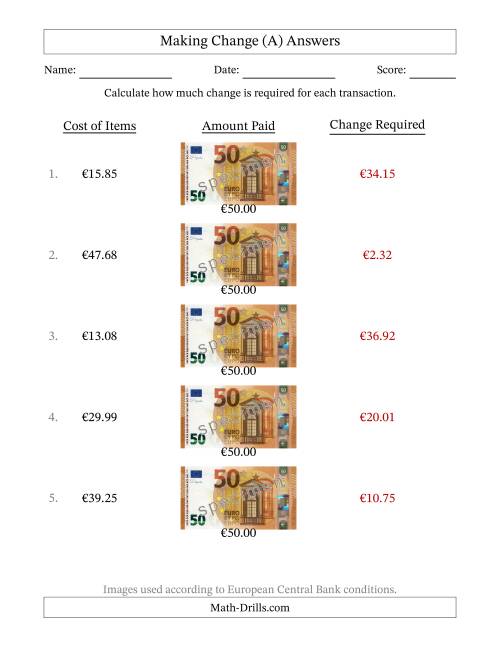 The Making Change from Fifty Euro Banknotes (A) Math Worksheet Page 2