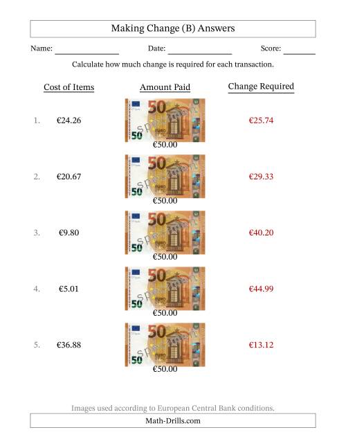 The Making Change from Fifty Euro Banknotes (B) Math Worksheet Page 2