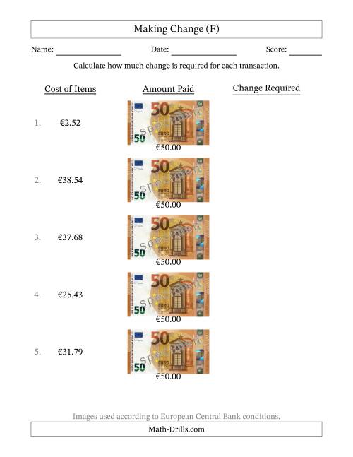 The Making Change from Fifty Euro Banknotes (F) Math Worksheet