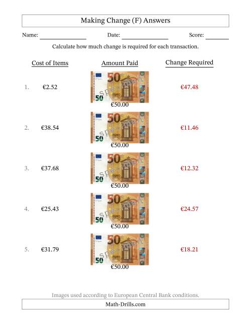 The Making Change from Fifty Euro Banknotes (F) Math Worksheet Page 2