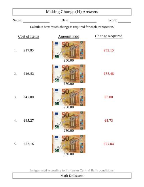 The Making Change from Fifty Euro Banknotes (H) Math Worksheet Page 2