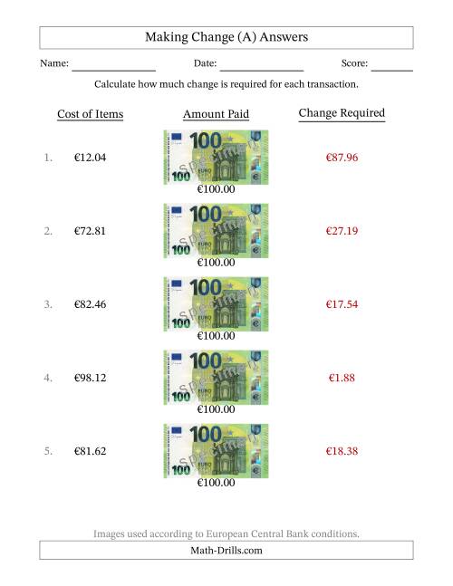 The Making Change from One Hundred Euro Banknotes (A) Math Worksheet Page 2