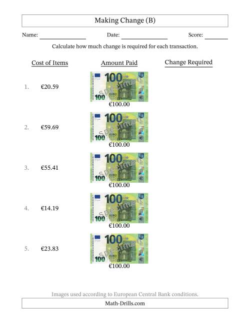 The Making Change from One Hundred Euro Banknotes (B) Math Worksheet