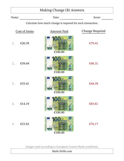 The Making Change from One Hundred Euro Banknotes (B) Math Worksheet Page 2