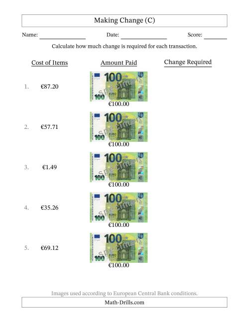 The Making Change from One Hundred Euro Banknotes (C) Math Worksheet