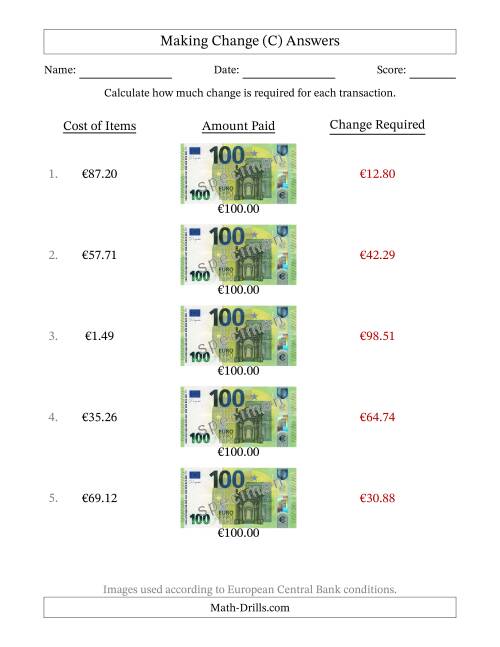 The Making Change from One Hundred Euro Banknotes (C) Math Worksheet Page 2