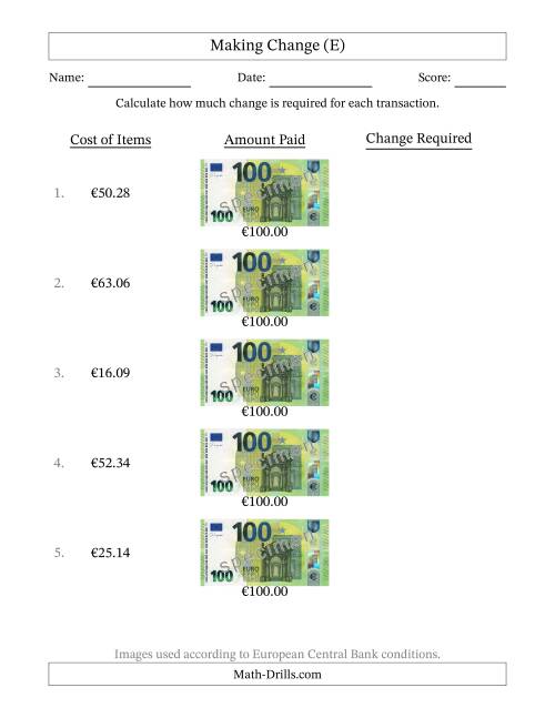 The Making Change from One Hundred Euro Banknotes (E) Math Worksheet