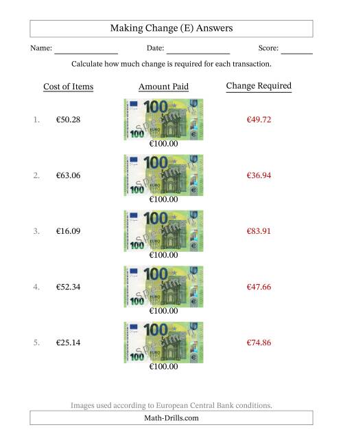 The Making Change from One Hundred Euro Banknotes (E) Math Worksheet Page 2