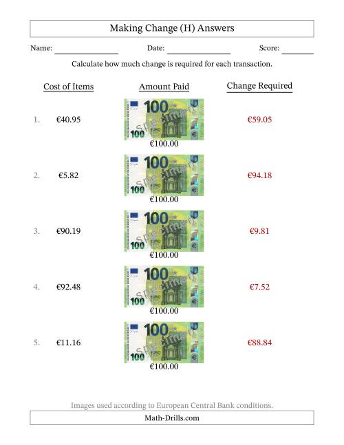 The Making Change from One Hundred Euro Banknotes (H) Math Worksheet Page 2