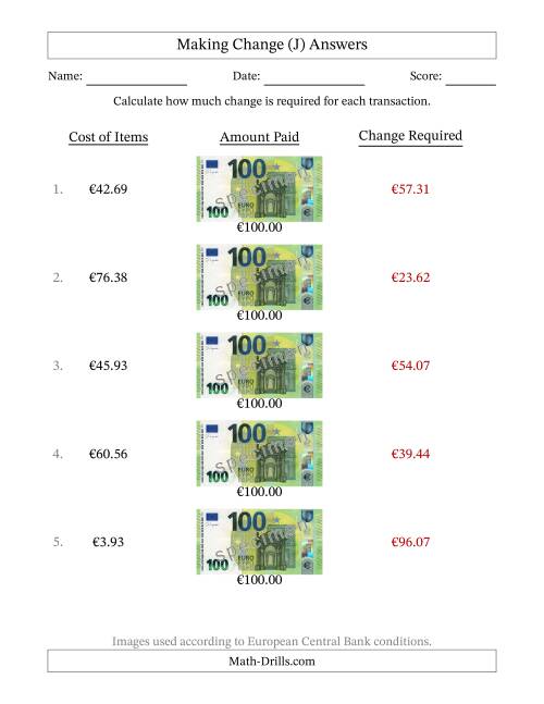 The Making Change from One Hundred Euro Banknotes (J) Math Worksheet Page 2