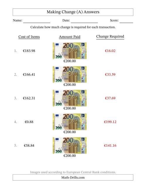 The Making Change from Two Hundred Euro Banknotes (A) Math Worksheet Page 2