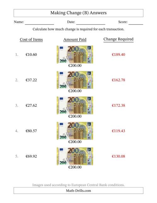 The Making Change from Two Hundred Euro Banknotes (B) Math Worksheet Page 2