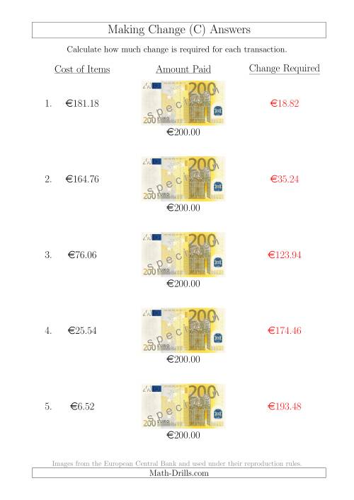 The Making Change from 200 Euro Notes (C) Math Worksheet Page 2
