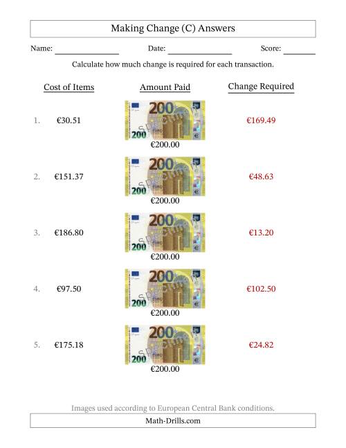 The Making Change from Two Hundred Euro Banknotes (C) Math Worksheet Page 2