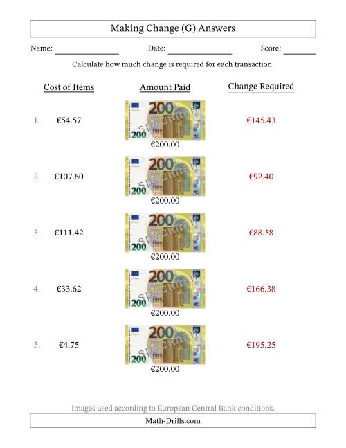 The Making Change from Two Hundred Euro Banknotes (G) Math Worksheet Page 2