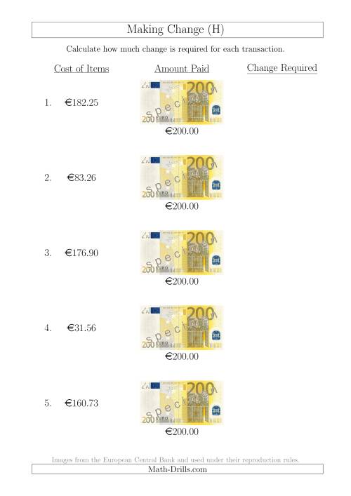 The Making Change from 200 Euro Notes (H) Math Worksheet