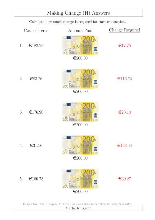 The Making Change from 200 Euro Notes (H) Math Worksheet Page 2