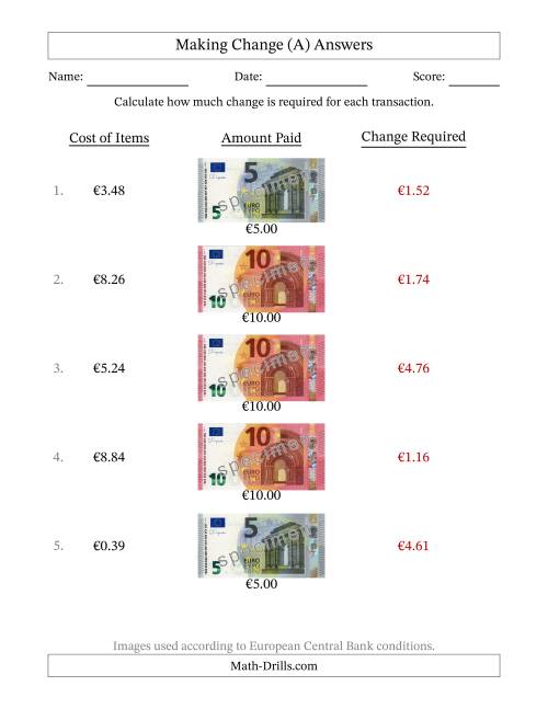 The Making Change from Banknotes up to Ten Euros (A) Math Worksheet Page 2