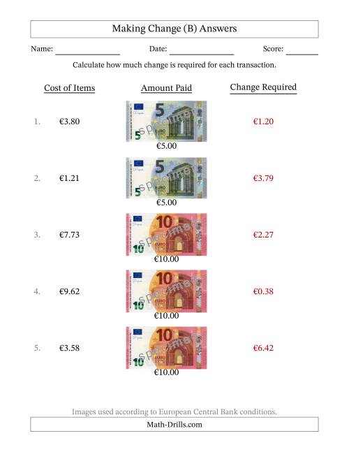 The Making Change from Banknotes up to Ten Euros (B) Math Worksheet Page 2