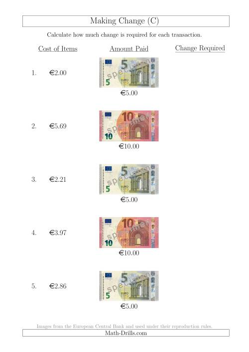The Making Change from Euro Notes up to €10 (C) Math Worksheet