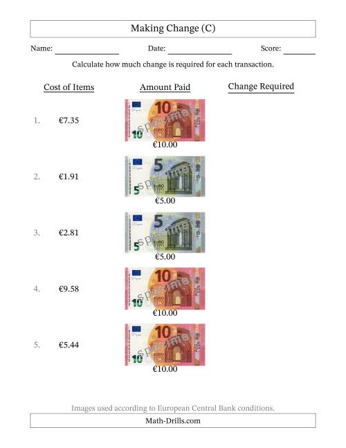 The Making Change from Banknotes up to Ten Euros (C) Math Worksheet