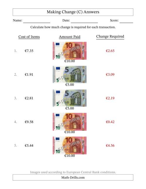 The Making Change from Banknotes up to Ten Euros (C) Math Worksheet Page 2