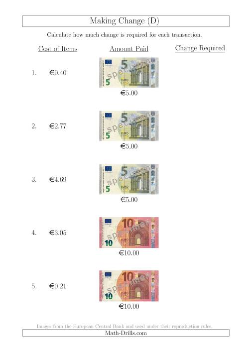 The Making Change from Euro Notes up to €10 (D) Math Worksheet