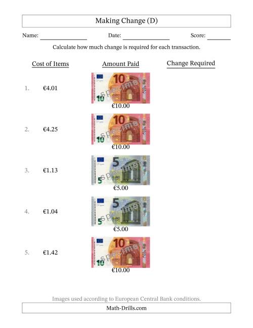 The Making Change from Banknotes up to Ten Euros (D) Math Worksheet