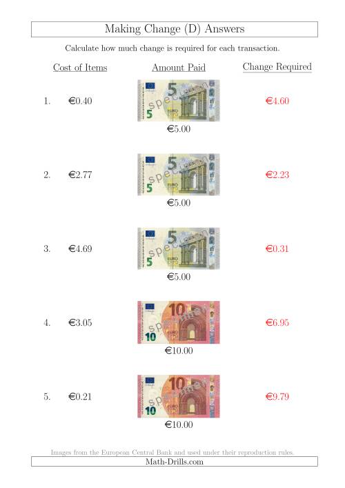 The Making Change from Euro Notes up to €10 (D) Math Worksheet Page 2