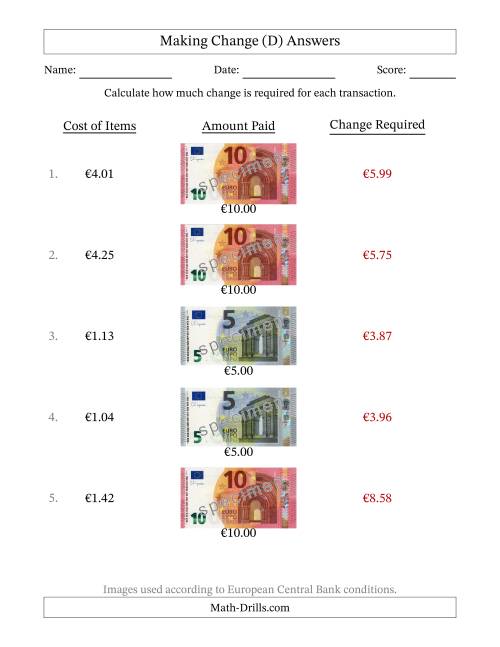 The Making Change from Banknotes up to Ten Euros (D) Math Worksheet Page 2