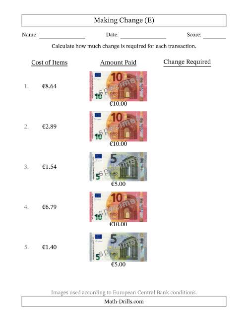 The Making Change from Banknotes up to Ten Euros (E) Math Worksheet