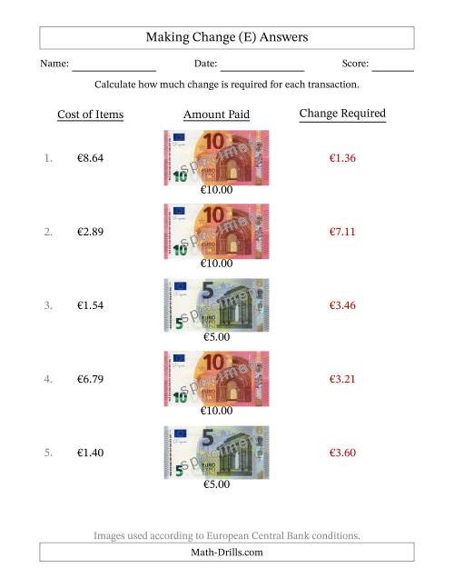 The Making Change from Banknotes up to Ten Euros (E) Math Worksheet Page 2