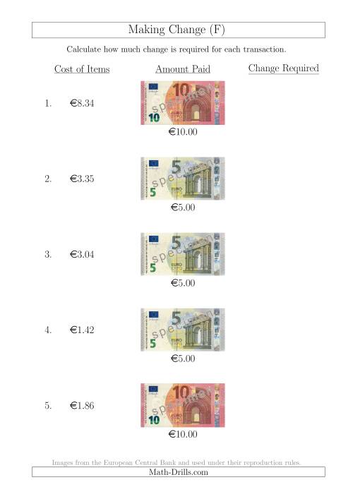 The Making Change from Euro Notes up to €10 (F) Math Worksheet