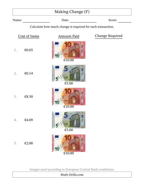 The Making Change from Banknotes up to Ten Euros (F) Math Worksheet