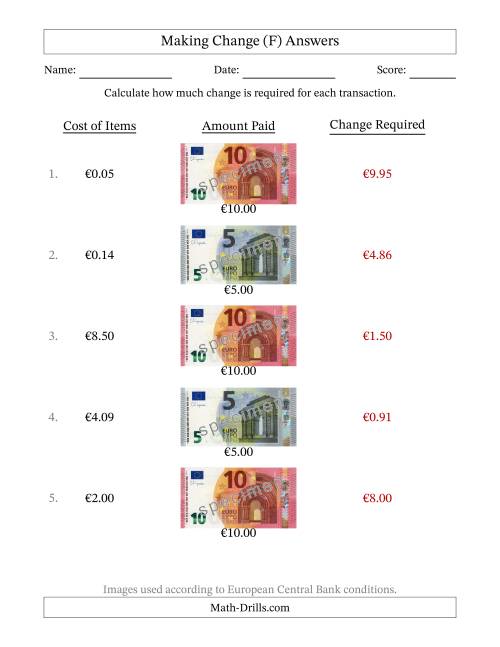 The Making Change from Banknotes up to Ten Euros (F) Math Worksheet Page 2