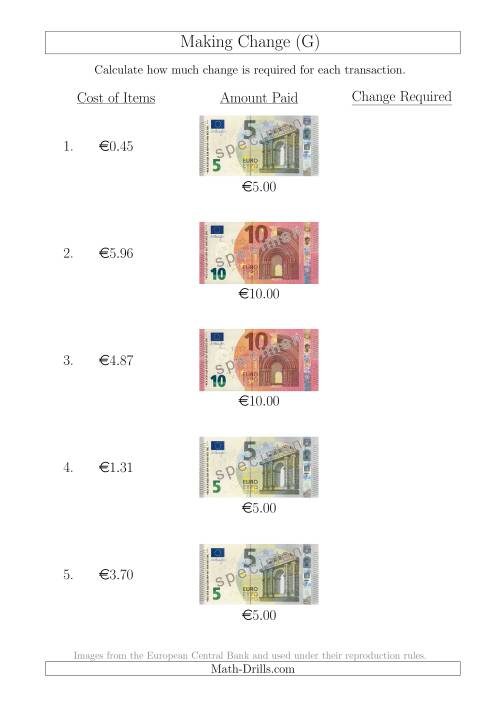 The Making Change from Euro Notes up to €10 (G) Math Worksheet
