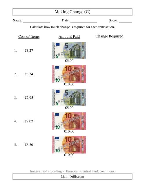 The Making Change from Banknotes up to Ten Euros (G) Math Worksheet