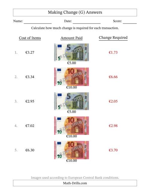 The Making Change from Banknotes up to Ten Euros (G) Math Worksheet Page 2