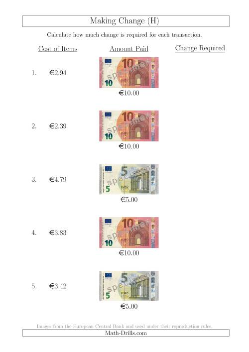 The Making Change from Euro Notes up to €10 (H) Math Worksheet