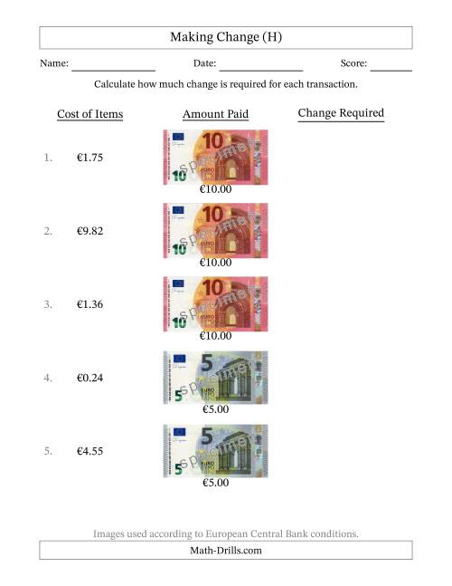 The Making Change from Banknotes up to Ten Euros (H) Math Worksheet